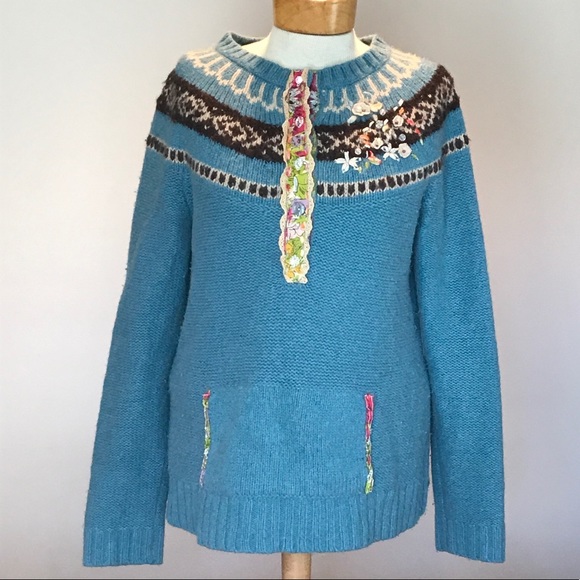 Free People Sweaters - Free People blue embellished Henley sweater. Large